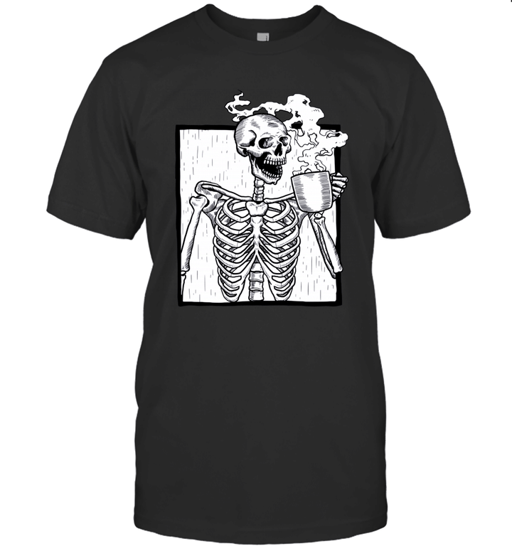 Halloween Coffee Drinking Skeleton Skull Shirt