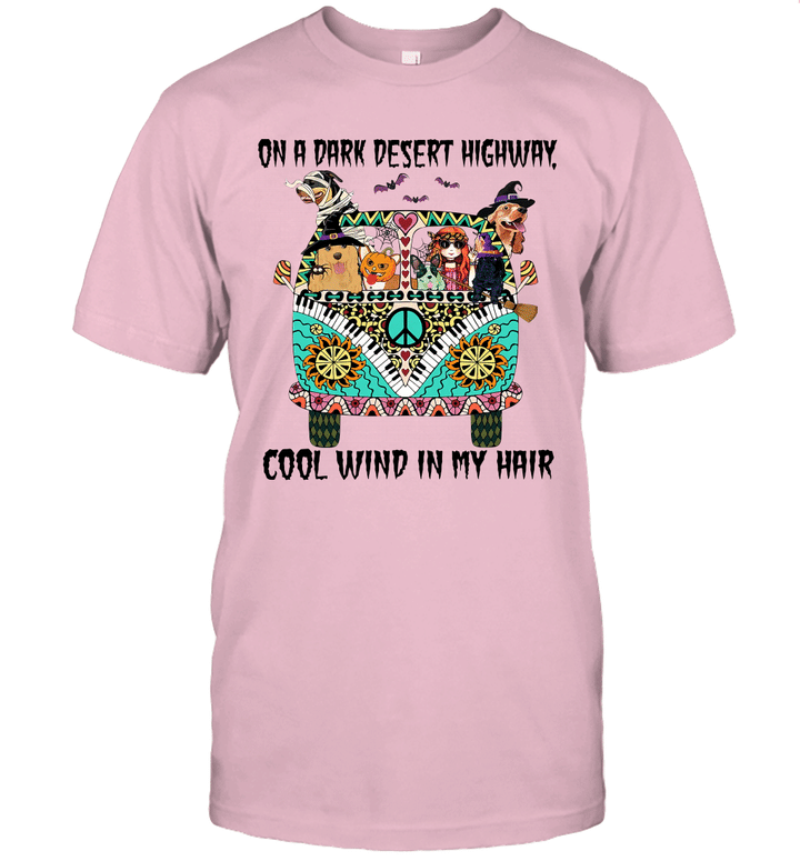 Hippie Girl And Dogs Witch On A Dark Desert Highway Cool Wind In My Hair Halloween Shirt