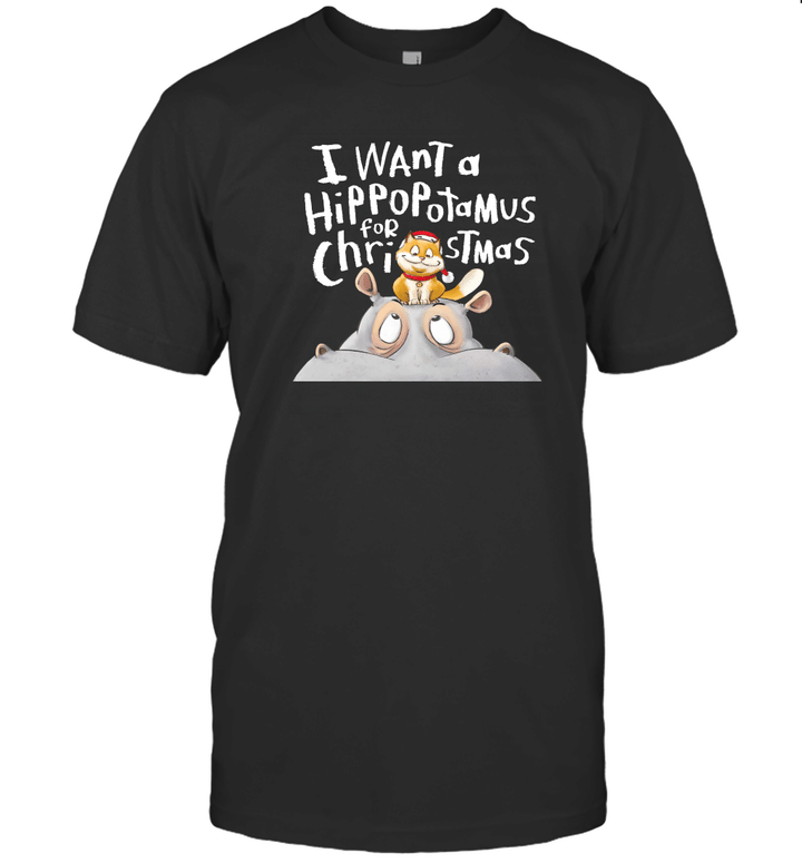 I Want A Hippopotenuse For Christmas Shirt Funny Hippopotamus and Cat Xmas Gift