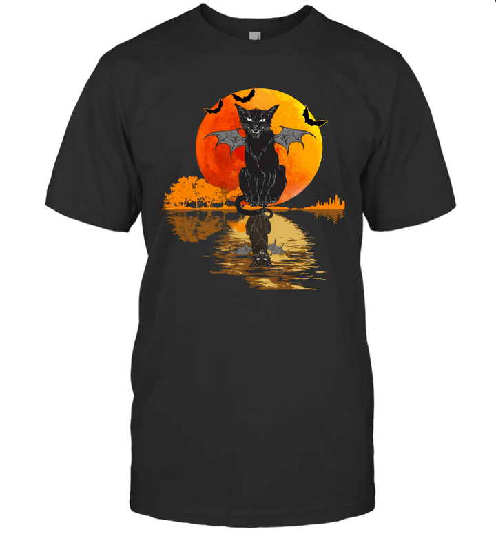Vintage Halloween Scary Black Cat With Monster Wings Moon Shirt