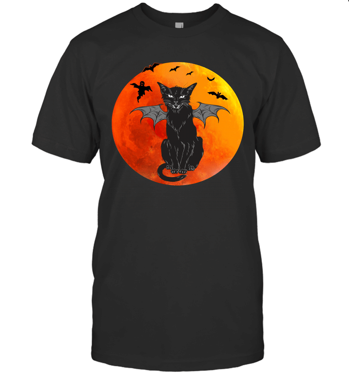 Vintage Halloween Scary Black Cat With Monster Wings Retro Sunset Shirt