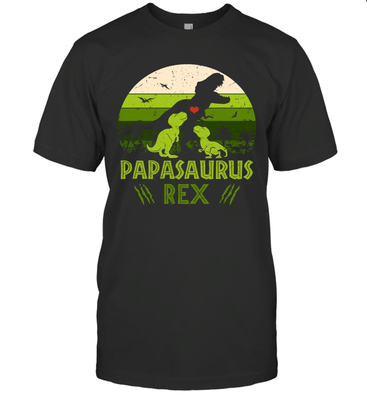 Vintage Retro 2 Kids Papasaurus Rex Dinosaur Lover Shirt Funny Father's Day Gifts