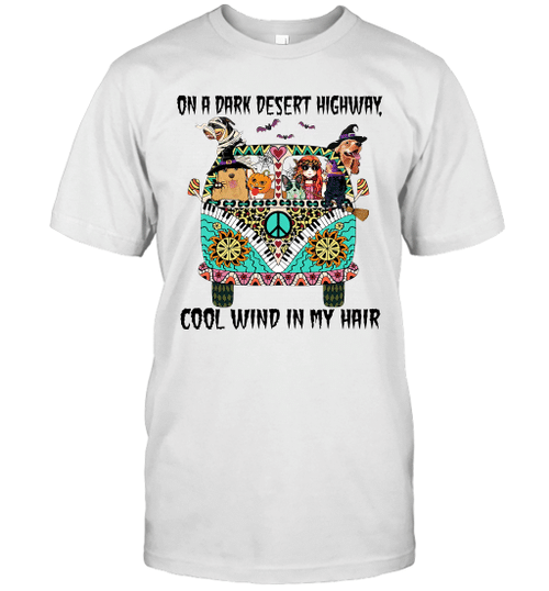 Hippie Girl And Dogs Witch On A Dark Desert Highway Cool Wind In My Hair Halloween Shirt