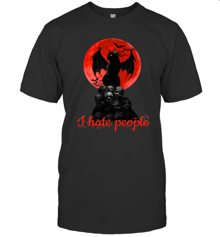 Bat And Black Cat Moon Skull I Hate People Shirt