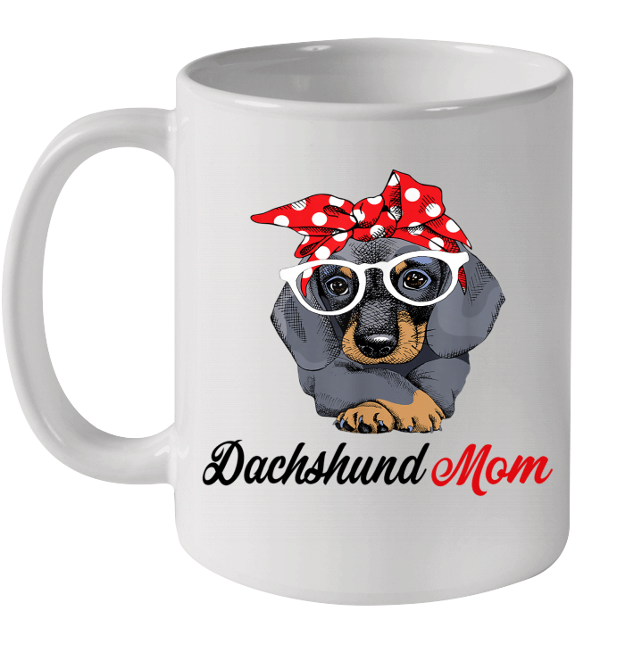 Dachshund Mom Wearing White Glasses And Red Polka Dot Turban Mug Funny Mother's Day Coffee Mugs