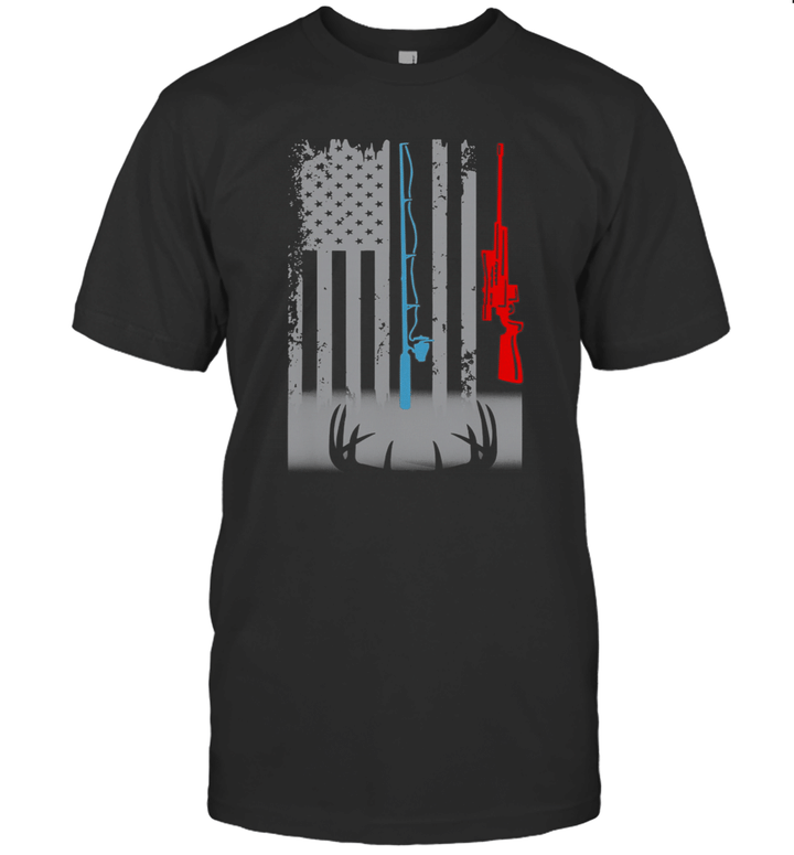 Fishing Rod Hunting Rifle American Flag Shirt