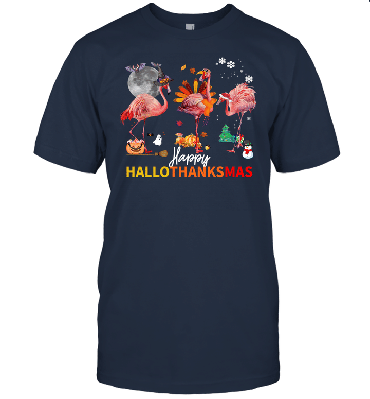 Happy HalloThanksmas Flamingo Halloween Thanksgiving Christmas T Shirt