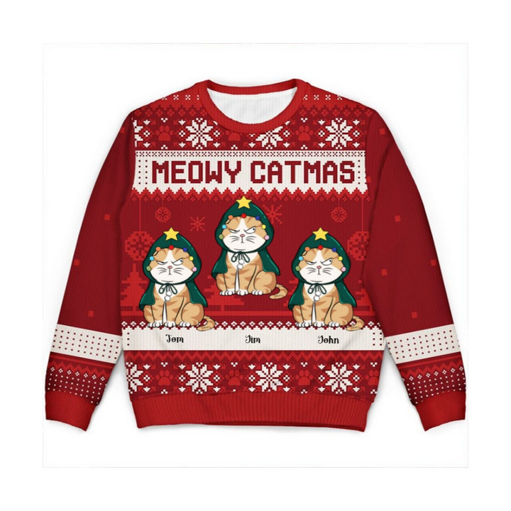 Meowy Catmas Funny Cartoon Cats Personalized Unisex Ugly Sweater - Christmas Gift For Cat Lovers, Cat Mom, Cat Dad
