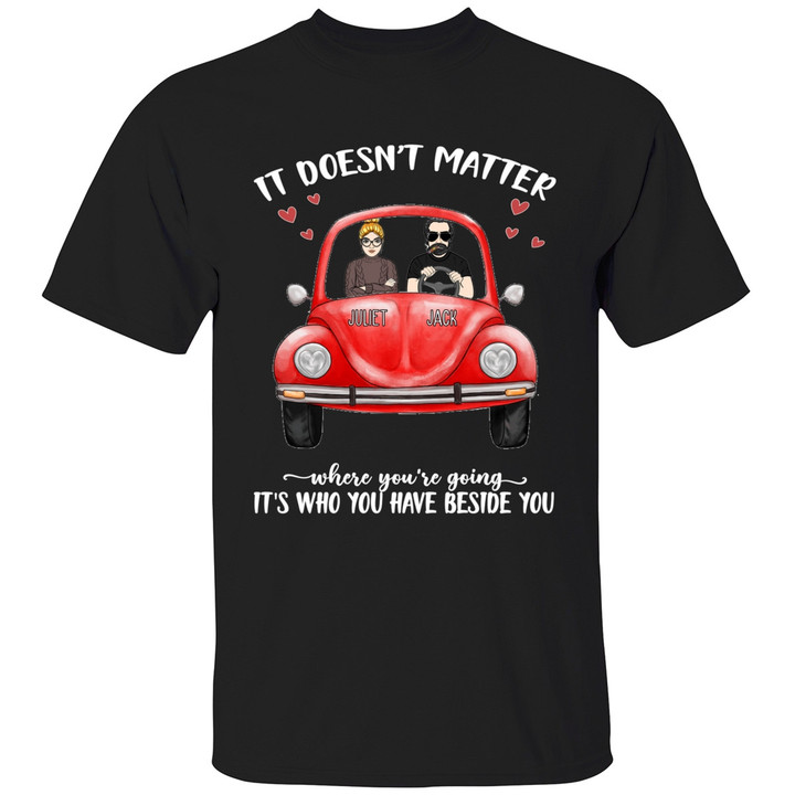 Beetle Volkswagen Couple In Car Personalized Shirt, Custom Gift Shirt For Couple (White Font)