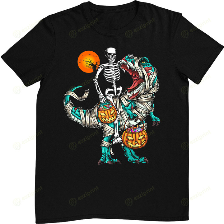 Halloween Skeleton Riding Mummy Dinosaur T rex Pumpkin Moon T-Shirt