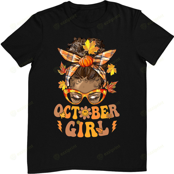Retro Groovy October Girl Messy Bun Halloween Thanksgiving T-Shirt