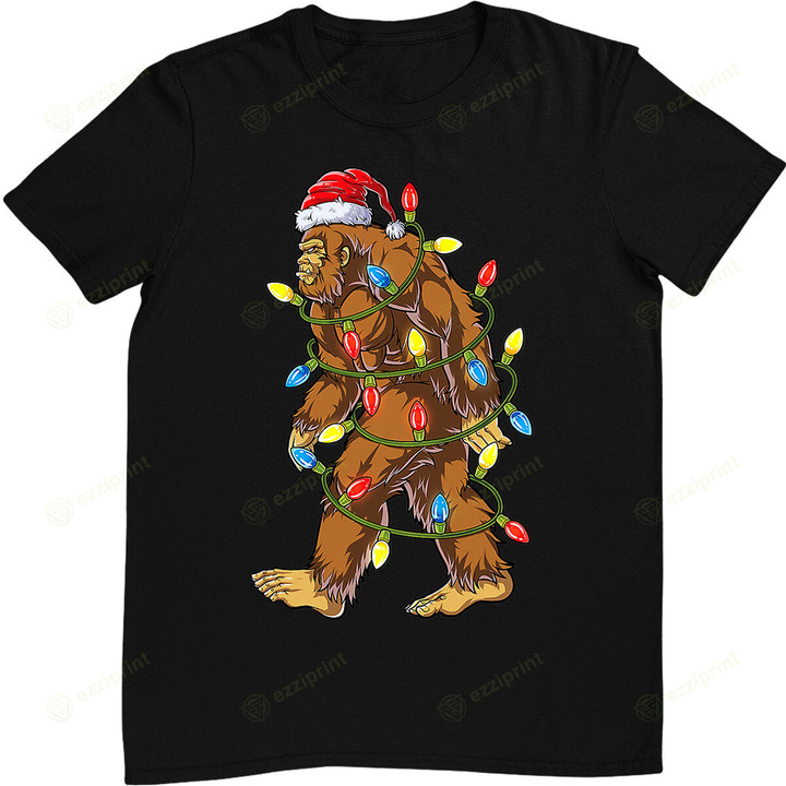 Bigfoot Santa Christmas Tree Lights Funny Xmas Sasquatch T-Shirt