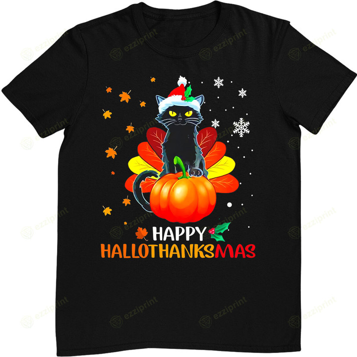 Black Cat Halloween And Merry Christmas Happy Hallothanksmas T-Shirt