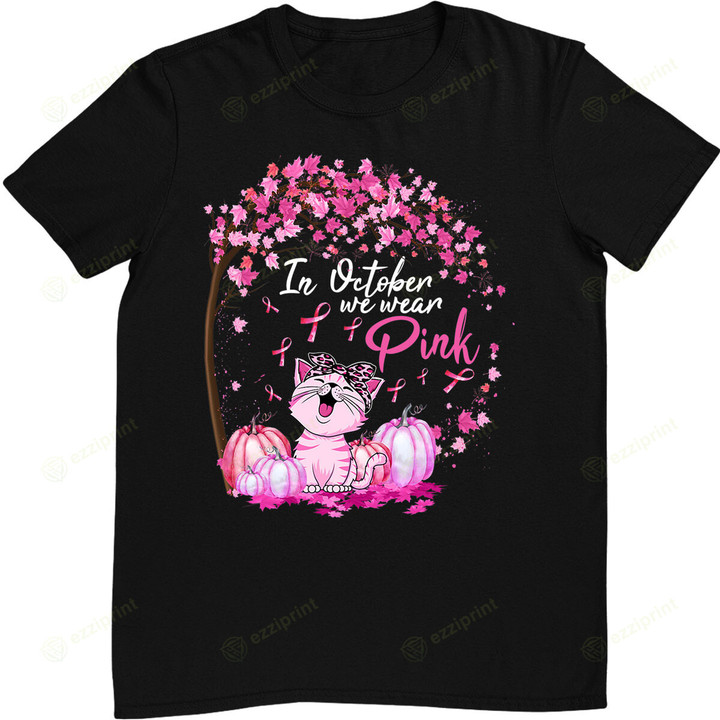 In October We Wear Pink Leopard Cat Breast Cancer Awareness T-Shirt