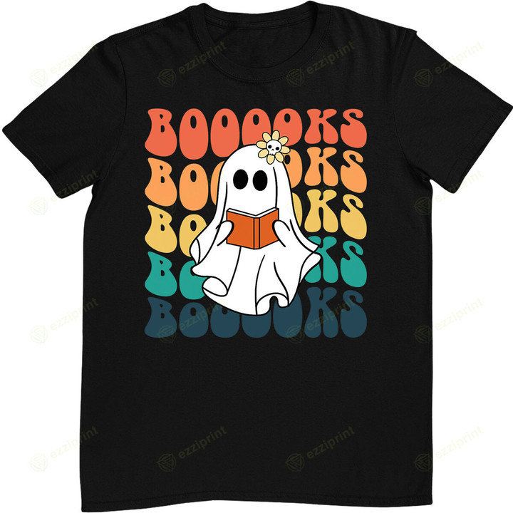 Retro Cute Ghost Book Reading Halloween Teacher T-Shirt