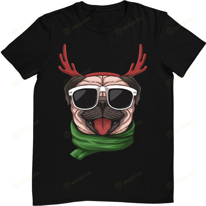 Funny Dog Cool Pug With Antlers Sunglasses Christmas T-Shirt