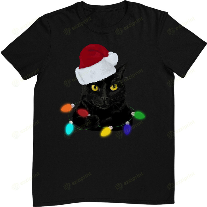 Santa Black Cat Tangled Up In Christmas Tree Lights Holiday T-Shirt