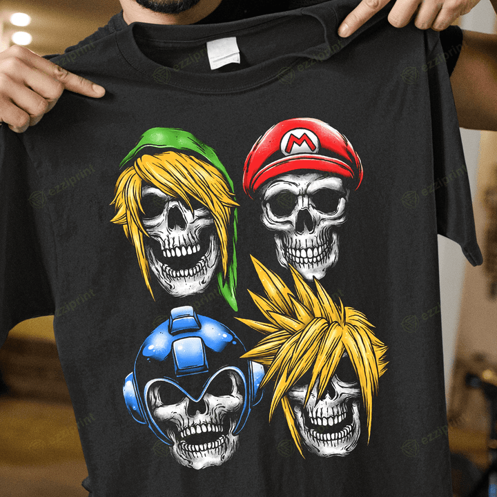 Skull Game Link Mario Mega Man and Cloud Strife Horror T-Shirt