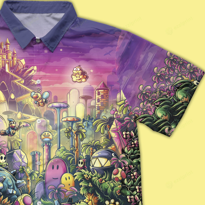 Mushroom Kingdom Super Mario Purple Button Down Shirt