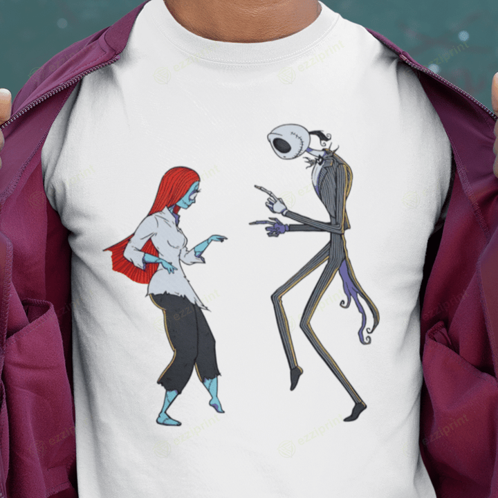 Spooky Fiction Sally and Jack Skellington The Nightmare Before Christmas Pulp Fiction T-Shirt