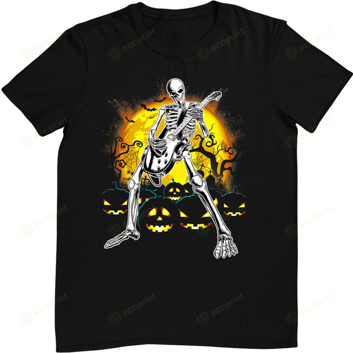 Happy Halloween Funny Skeleton Playing Guitar Pumpkin Vibes T-Shirt