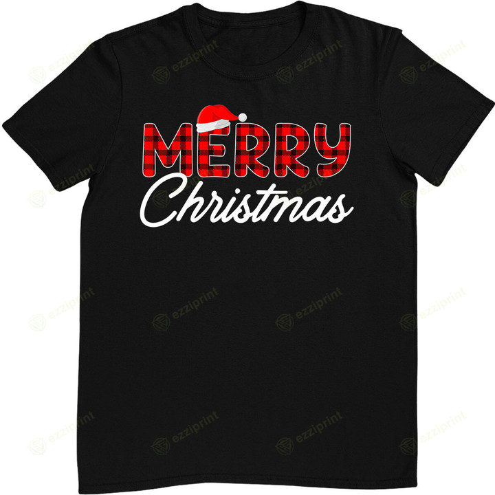 Merry Christmas Buffalo Plaid Red Santa Hat Xmas T-Shirt
