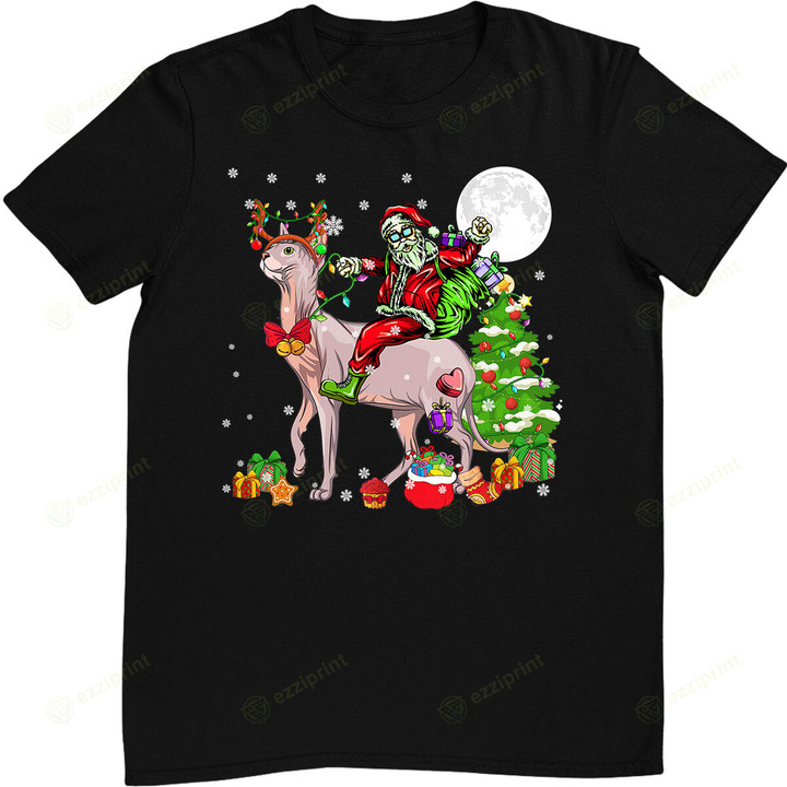 Santa Riding Reindeer Sphynx Cat Christmas Tree Lover Owner T-Shirt