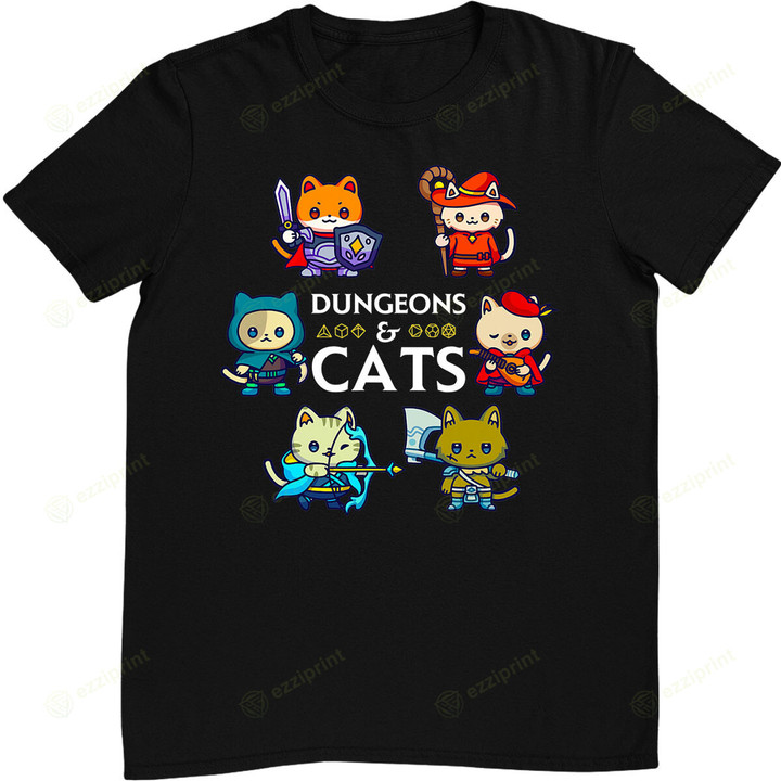 Dungeons and Cats RPG D20 Dice Nerdy Fantasy Gamer Cat Gift T-Shirt
