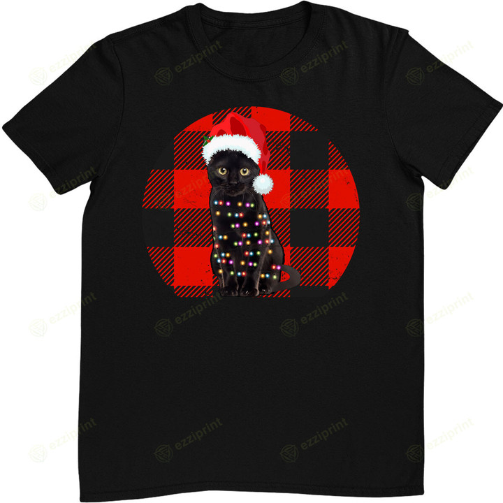 Vintage Black Cat Christmas lights plaid Cat Lover Christmas T-Shirt