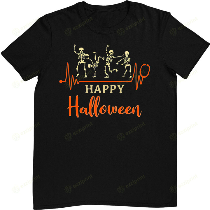 Nurse Heartbeat Stethoscope Skeleton Happy Halloween T-Shirt