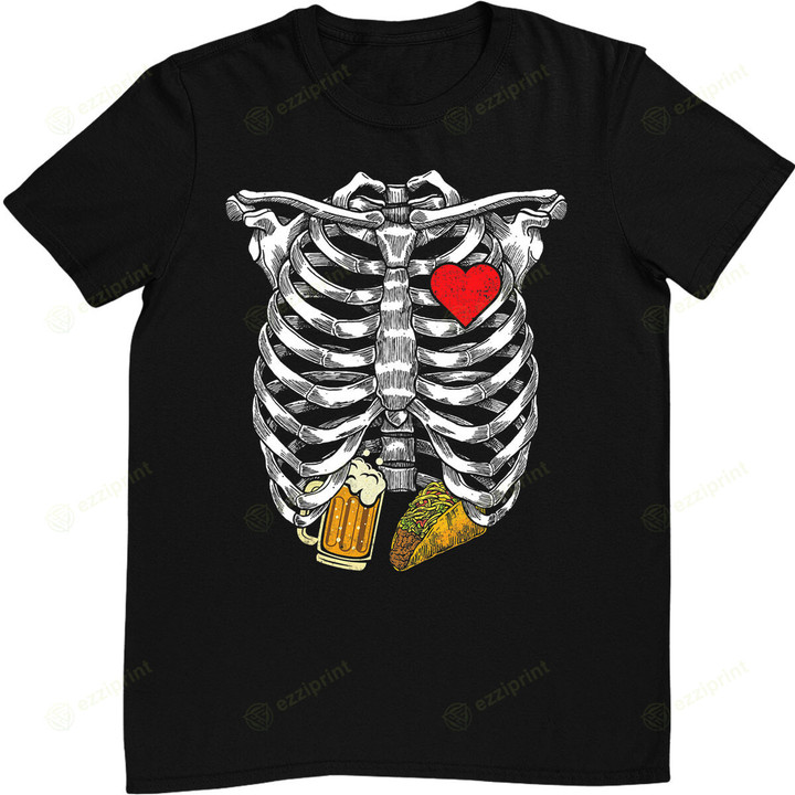 Funny Halloween Skeleton Rib Cage Beer & Taco Adults T-Shirt