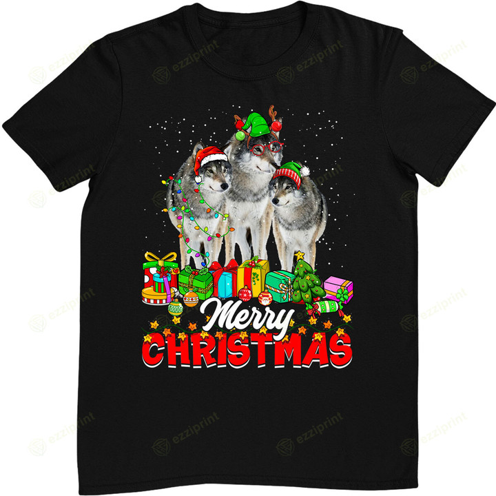 Xmas Tree Lights Christmas Pajama Wolf Animals Lover T-Shirt