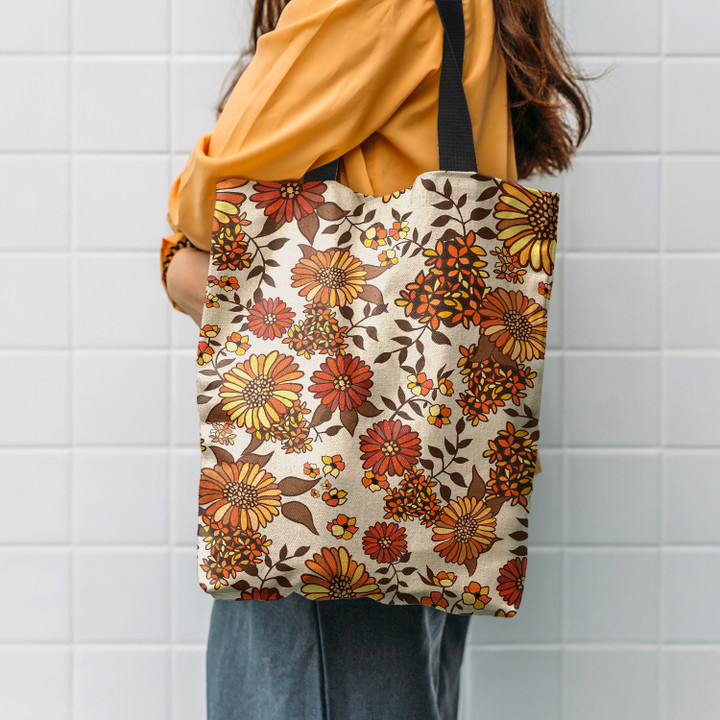 Retro 70s boho hippie orange flower power Hippie Accessories Tote Bag
