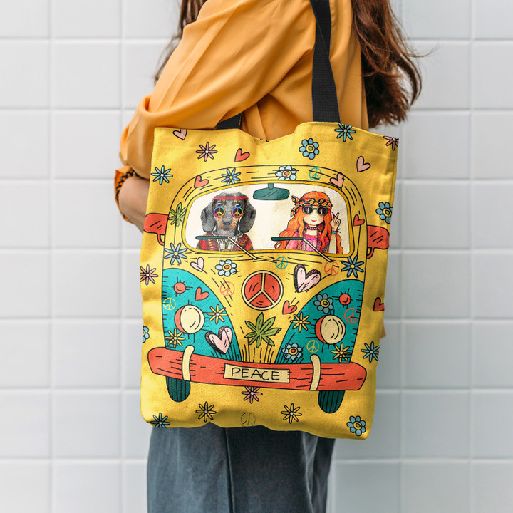 Hippie Girl Dog Dachshund Car Flower Hippie Accessories Tote Bag