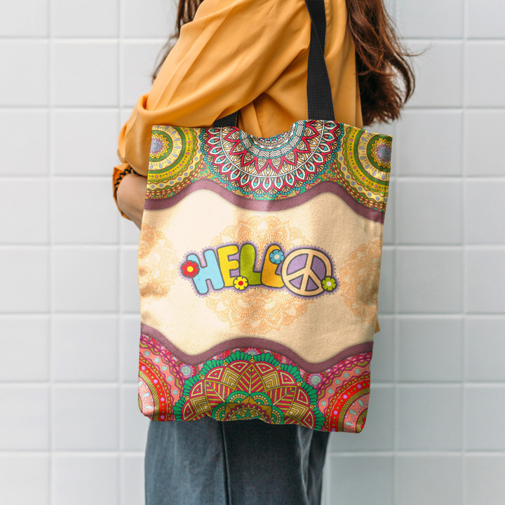 Hippie Hello Mandala Pattern Hippie Accessories Tote Bag