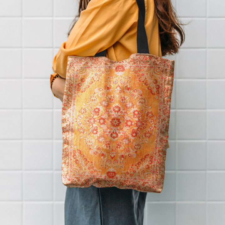 Orange Boho Oriental Vintage Traditional Moroccan Carpet style Hippie Accessories Tote Bag
