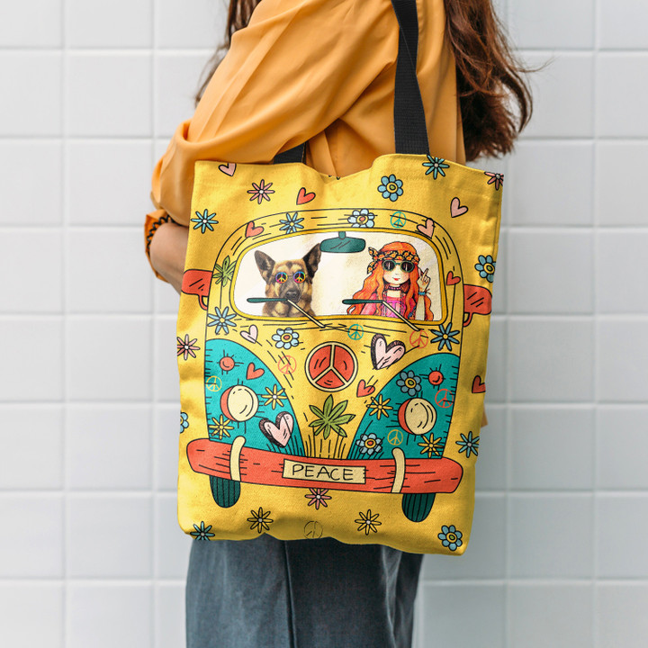 Hippie Girl German Shepherd Car Flower Hippie Accessories Tote Bag