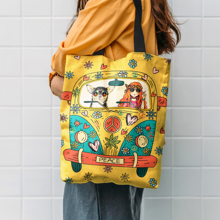 Hippie Girl Chihuahua Car Flower Hippie Accessories Tote Bag