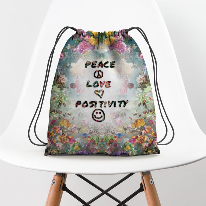 Peace Love Positivity Hippie Accessorie Drawstring Backpack