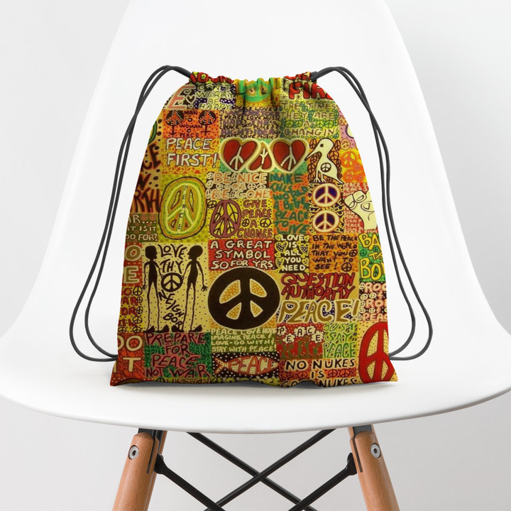Hippie Love Pattern Yellow Hippie Accessorie Drawstring Backpack