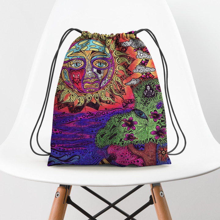 Trippy Hippie Sunflower Pattern Tree Hippie Accessorie Drawstring Backpack