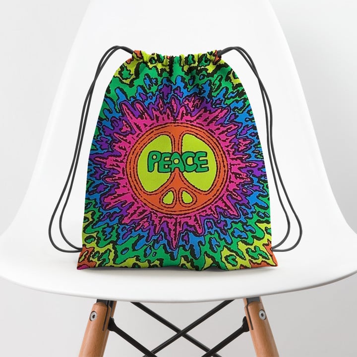 Peace Psychedelic Rainbow Splatter Hippie Accessorie Drawstring Backpack