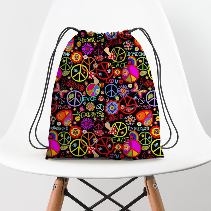 Funny Seamless Wallpaper with Colorful Hippie Accessorie Drawstring Backpack