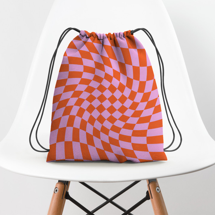 Retro Orange and Pink Bright Psychedelic Twisted Checker Swirl Hippie Accessorie Drawstring Backpack