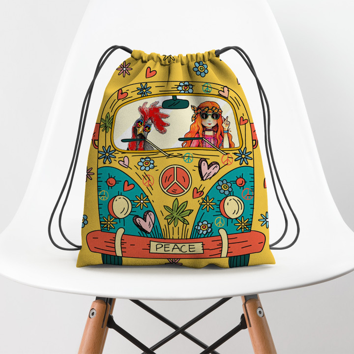 Hippie Girl Chicken Car Flower Hippie Accessorie Drawstring Backpack