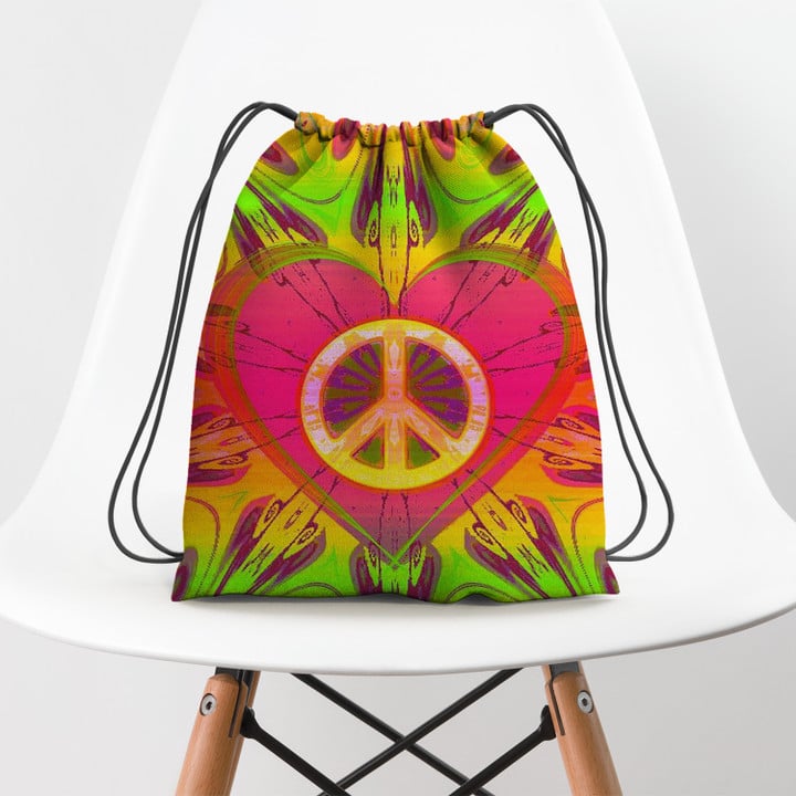 Peace Love Heart Hippie Accessorie Drawstring Backpack