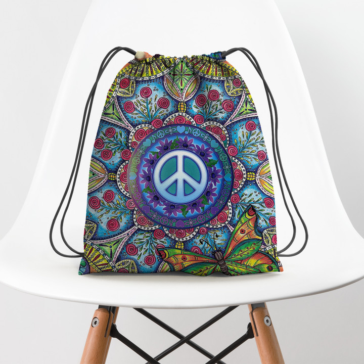 Hippie Flower Butterfly Pattern Hippie Accessorie Drawstring Backpack