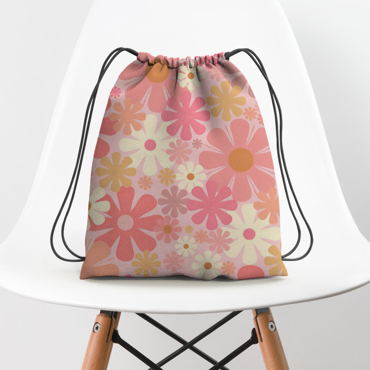 Blush Pink 60s 70s Vintage Flower Hippie Accessorie Drawstring Backpack
