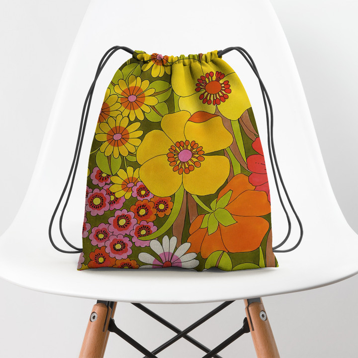 Vintage Retro Bloom Flowers Hippie Accessorie Drawstring Backpack