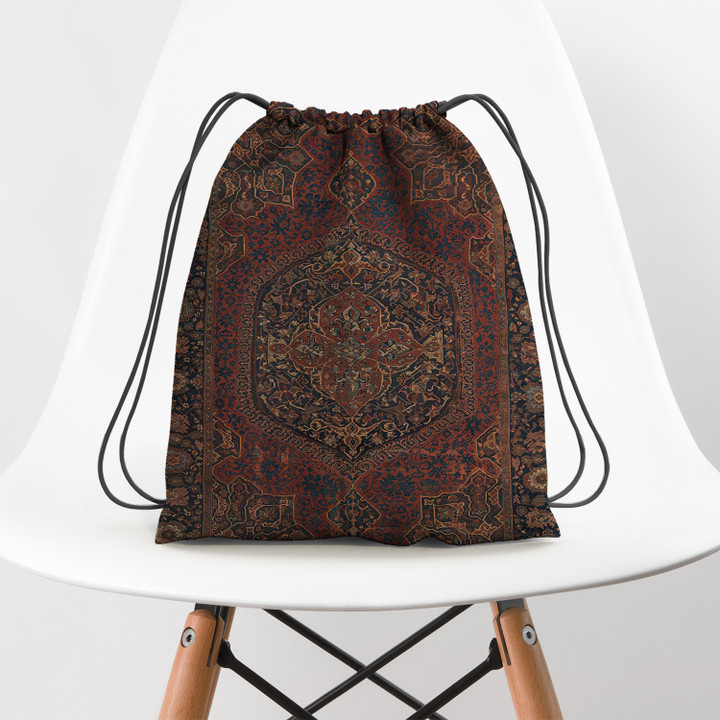 Boho Chic Dark Century Colorful Medallion Red Blue Green Brown Ornate Accent Hippie Accessorie Drawstring Backpack